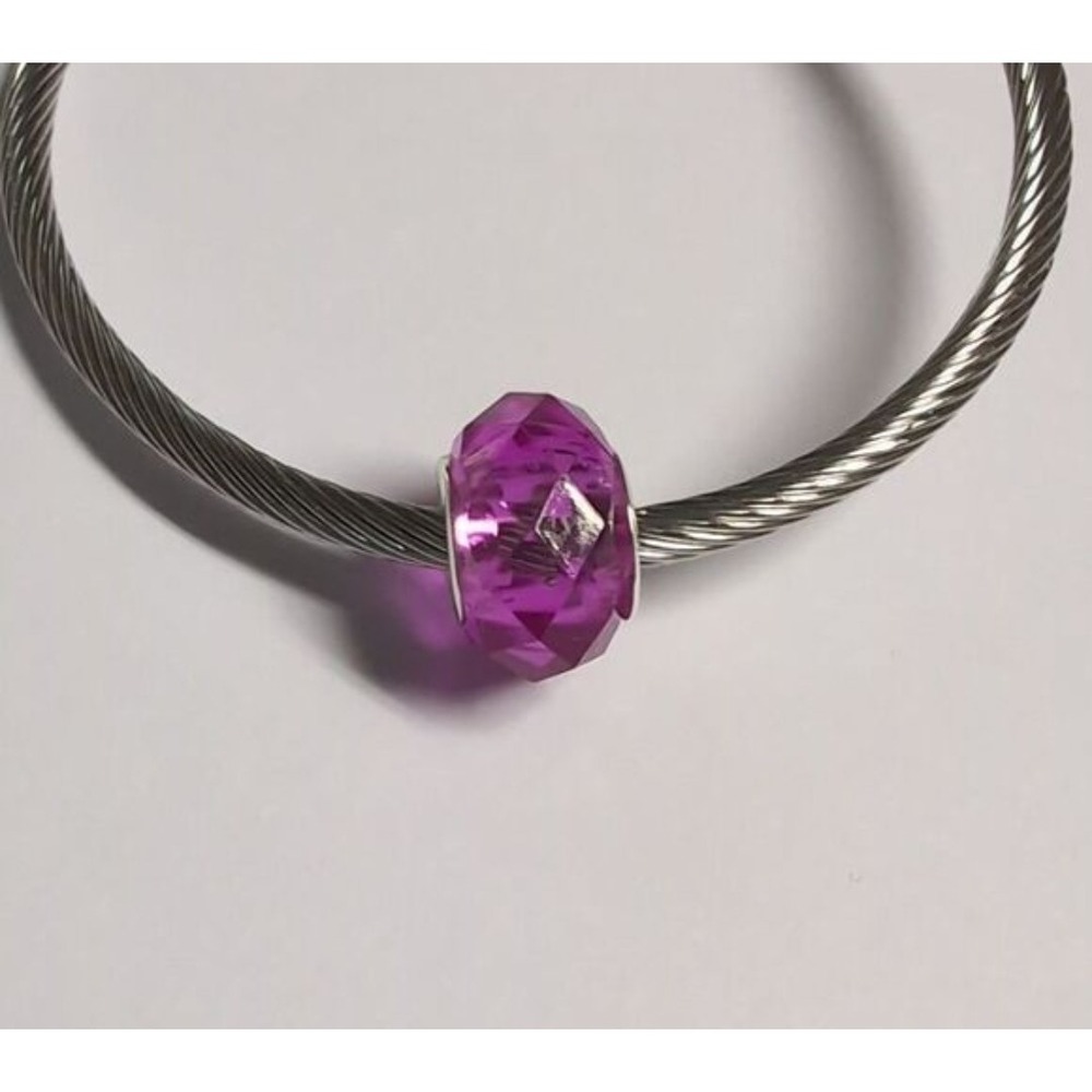 Faceted Purple Crystal Bead Charm for Bracelet Silver Tone Core Magenta Spacer